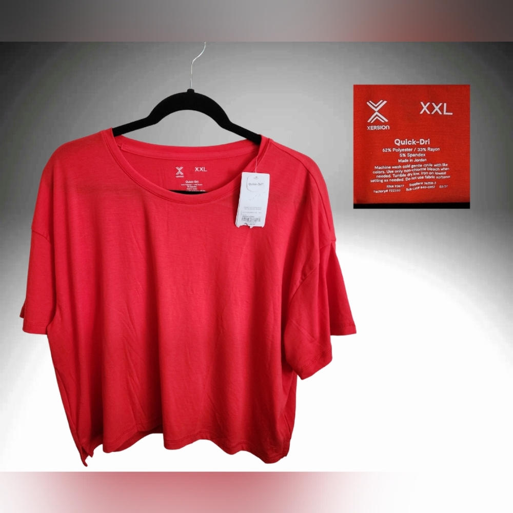 Xersion vibrant coral tee, slightly cropped, NWT